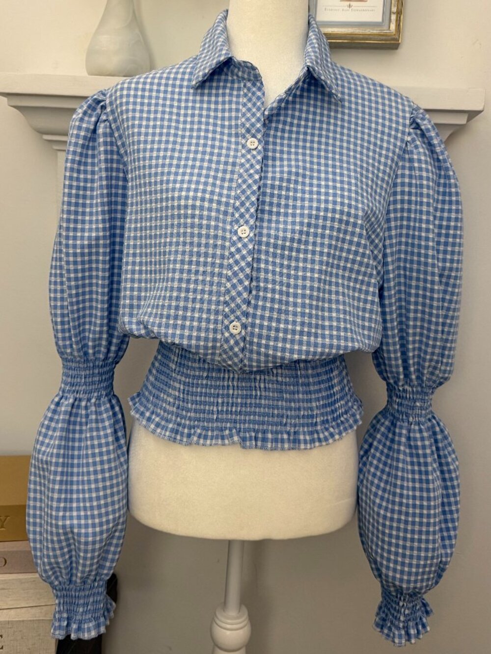 ChicMe Blue White Gingham Smocked Balloon Sleeve Blouse L